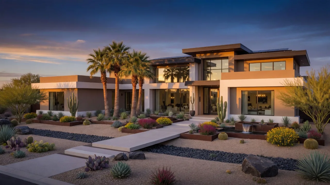 Luxury home in Gilbert Arizona at golden hour with desert landscaping