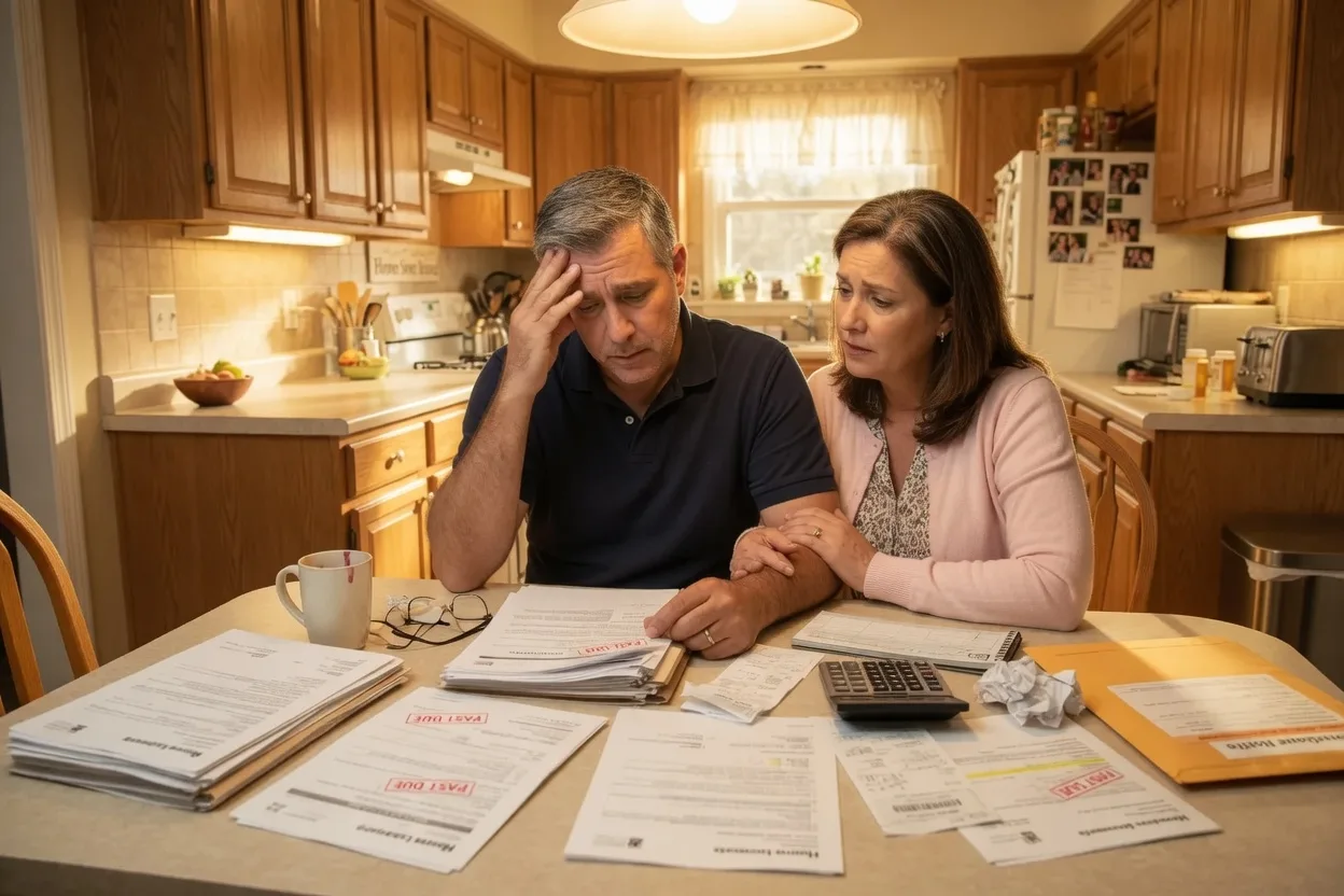 Couple reviewing financial documents with their real estate agent at a table
