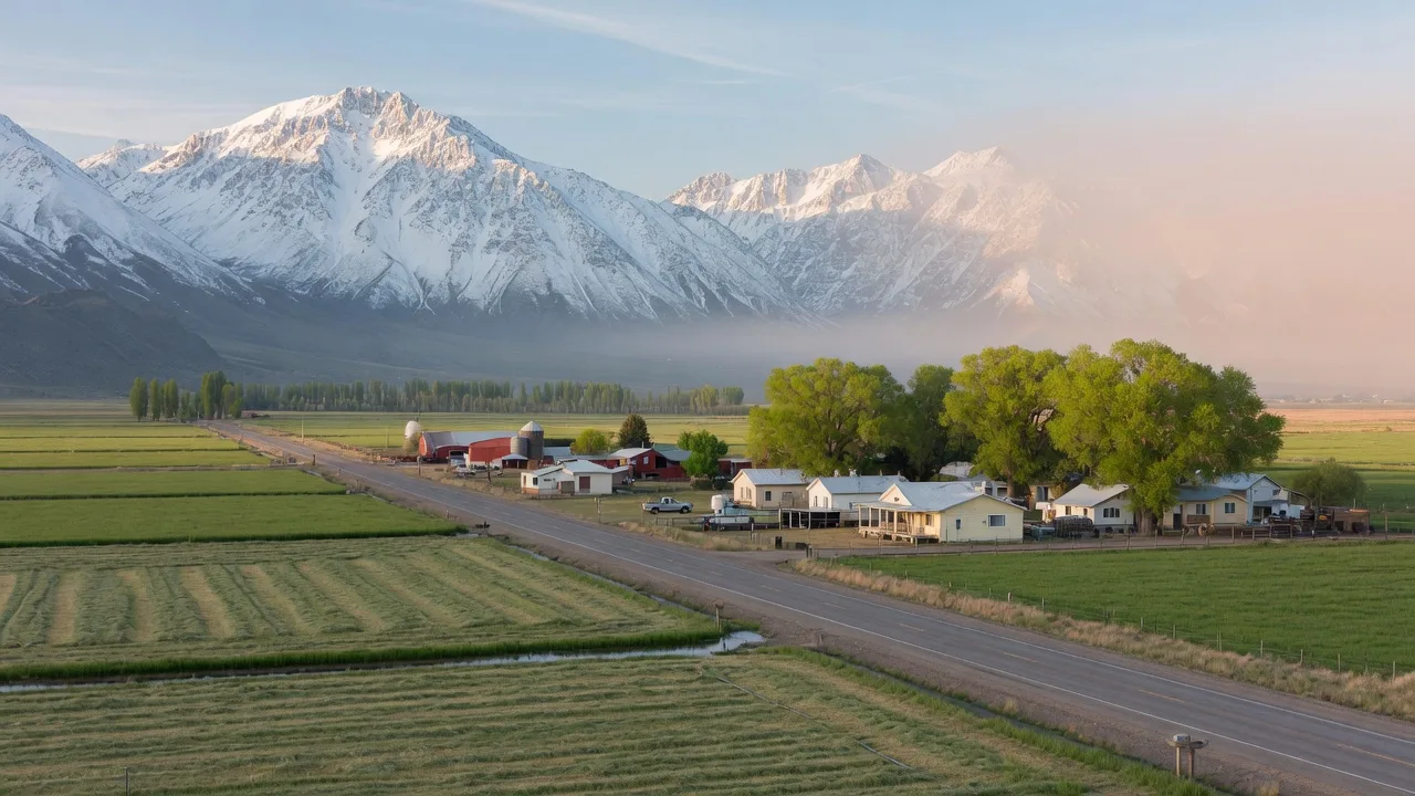 The Carson Valley at morning, with green hay fields, ranches among cottonwoods, and the snow-capped Sierra Nevada rising on the west.