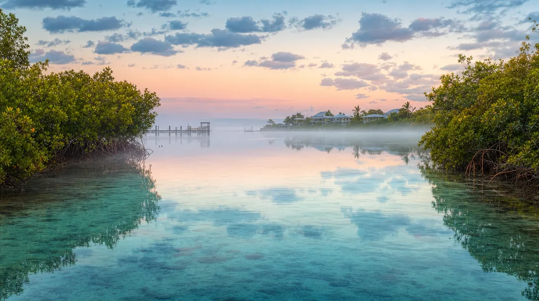 Calm turquoise waters of the Florida Keys at dawn with mirror-still reflections