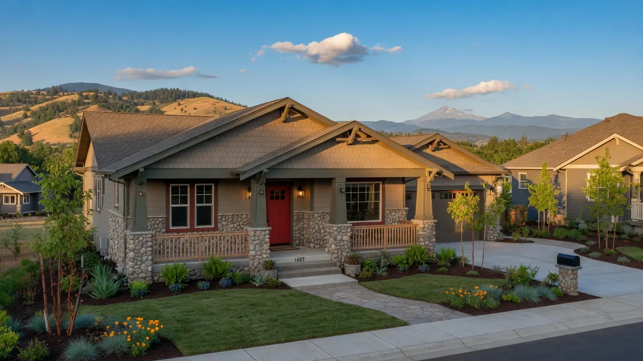 New single-story craftsman-style home in East Medford with covered porch and landscaped yard, hills in the distance