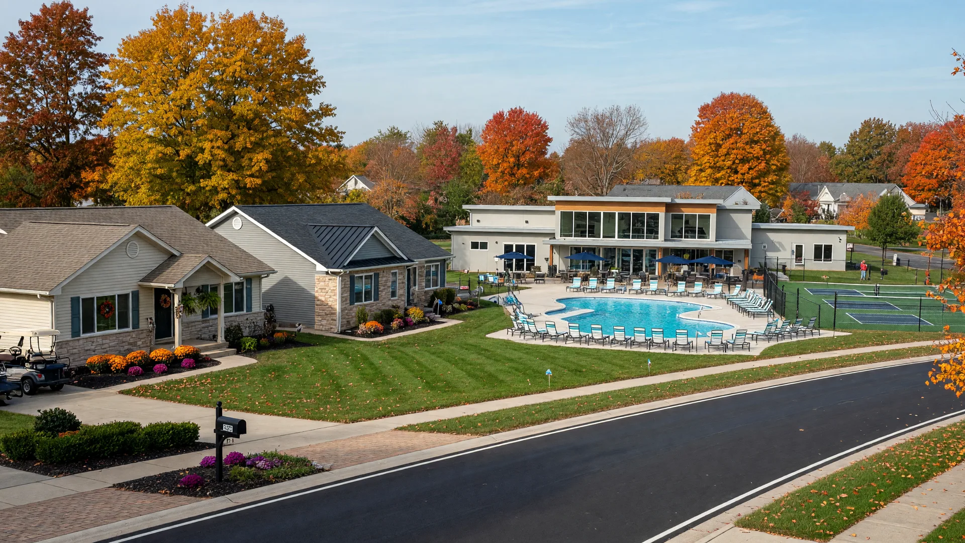 An active-adult 55+ community in central Indiana on a sunny autumn afternoon, ranch-style stone and siding homes along a landscaped street with a clubhouse and pool in the distance