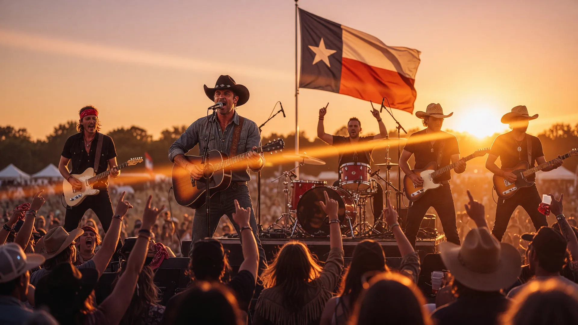 A country-rock band performing on an outdoor festival stage at golden hour with a large crowd