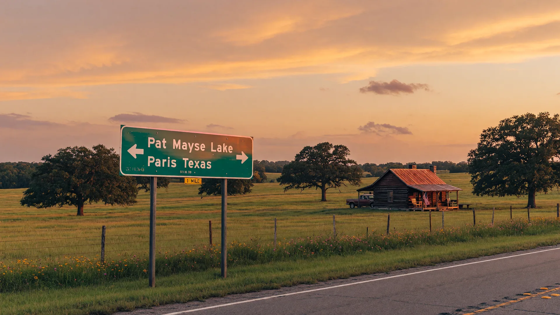 Golden hour landscape on a rural Northeast Texas highway with a sign pointing toward Pat Mayse Lake and Paris, Texas