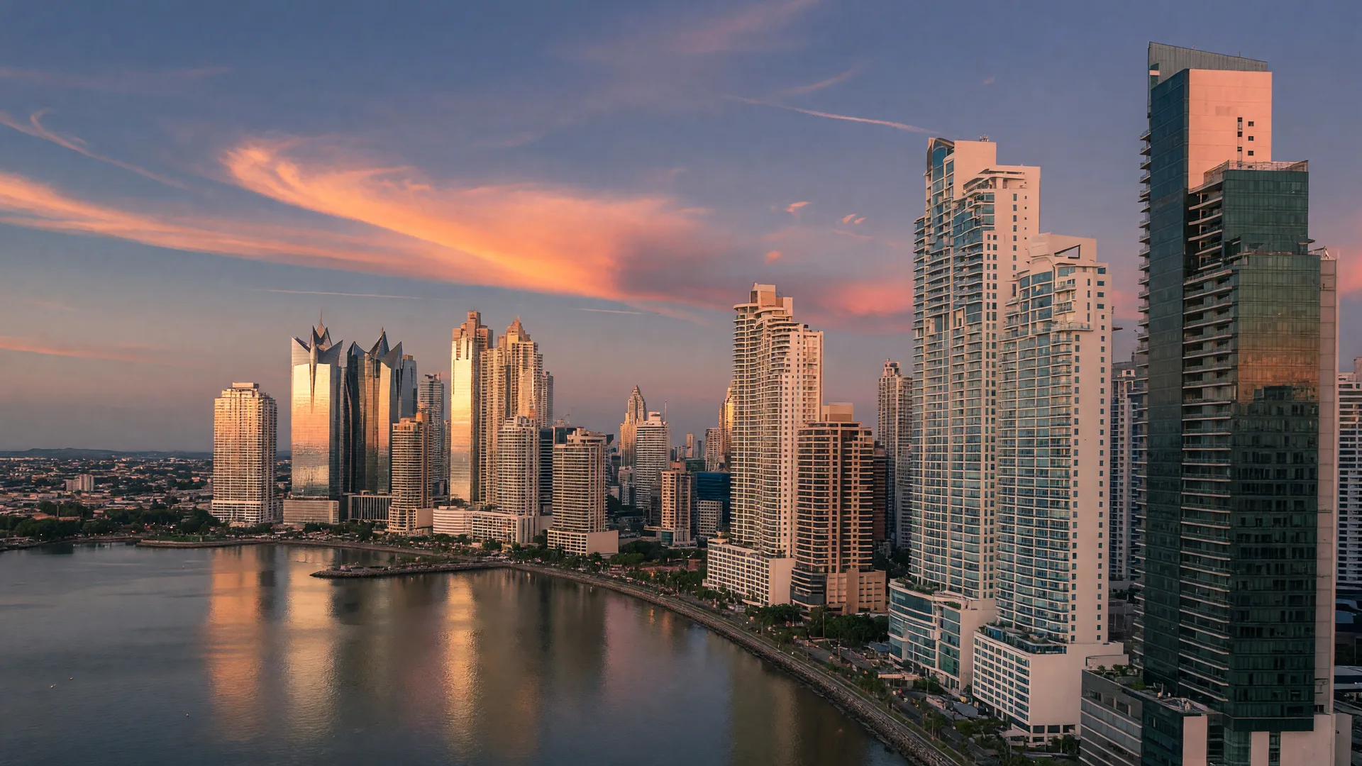 Panama City financial district skyline at golden hour above the Pacific
