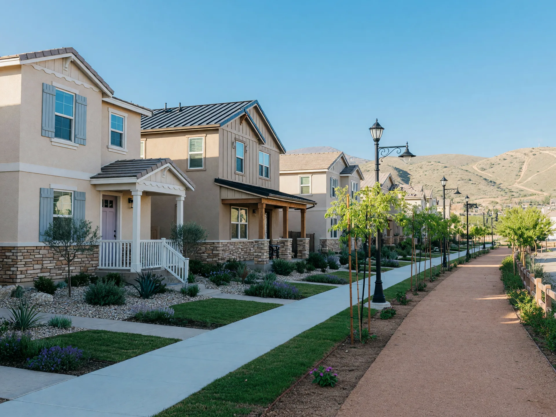 A quiet newer single-story active adult neighborhood street in Temecula with walking trails