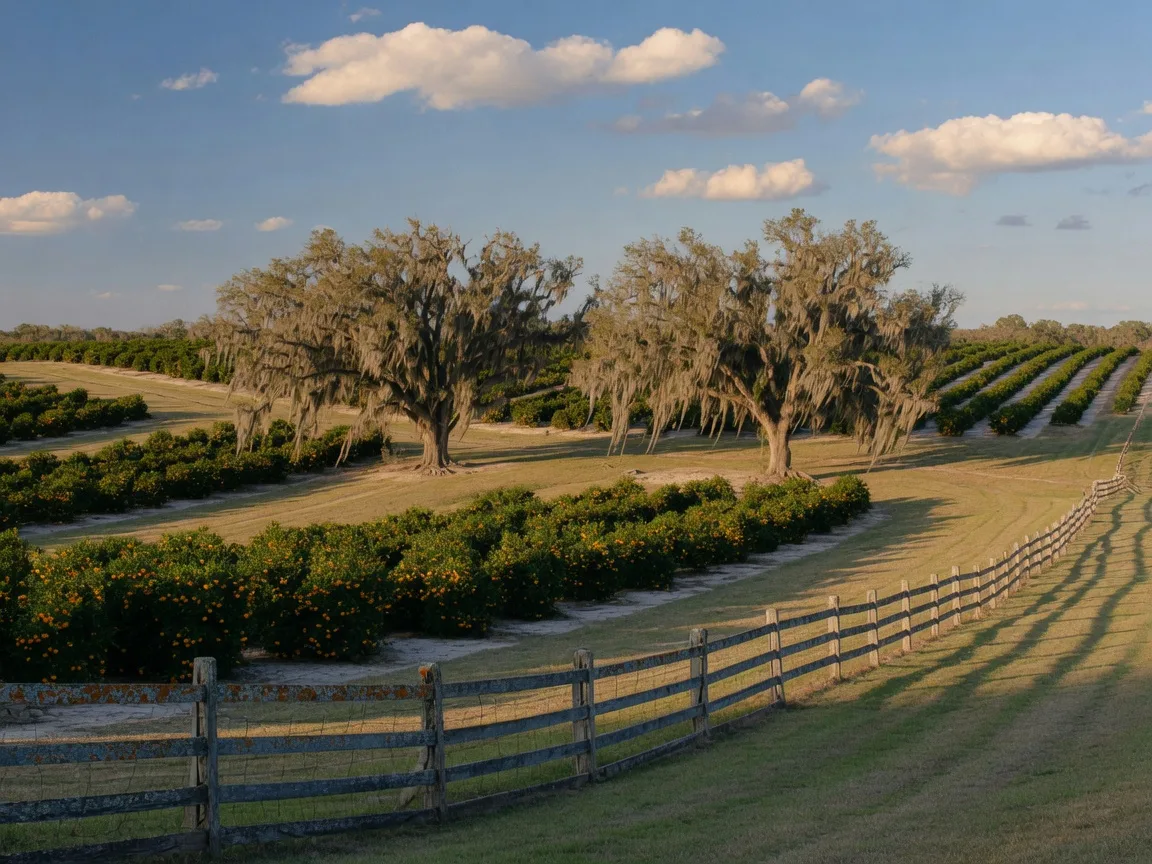 Rolling countryside with citrus groves and oak trees in the Lake Wales Ridge area