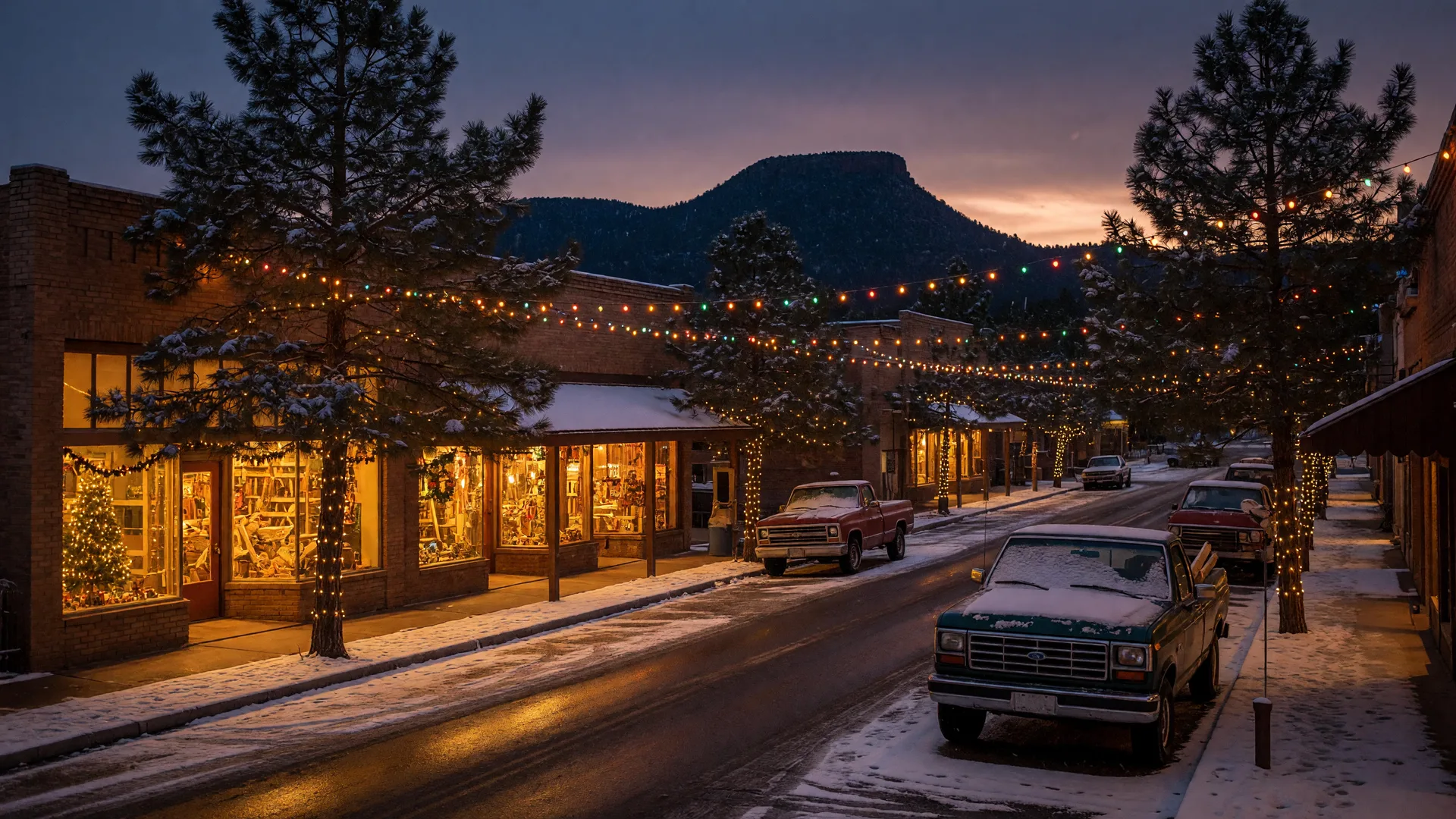 Historic main street in Payson, Arizona at winter dusk, with glowing holiday string lights, snow-dusted rooftops and Ponderosa pines, and the Mogollon Rim in the distance