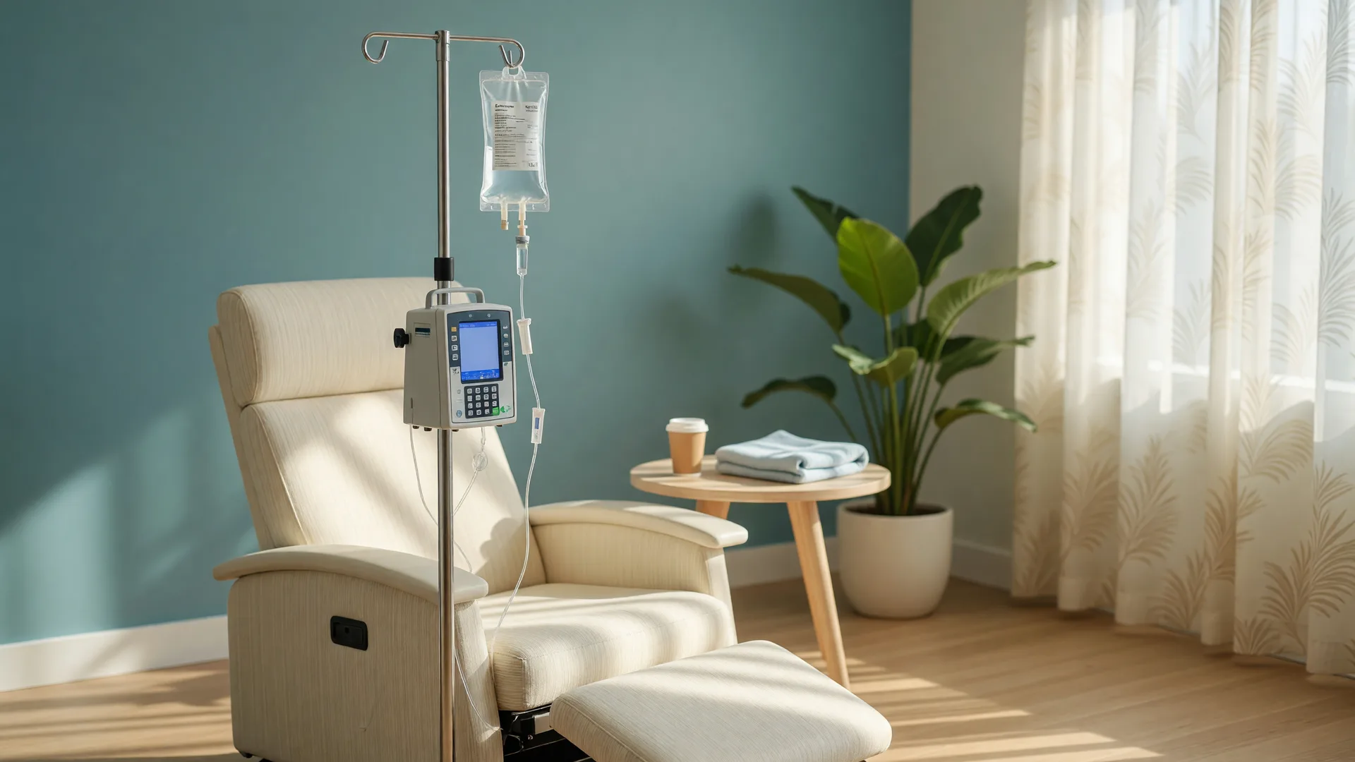 An IV infusion pump and saline bag on a chrome pole beside a cream recliner in a bright Honolulu clinic infusion suite in morning light