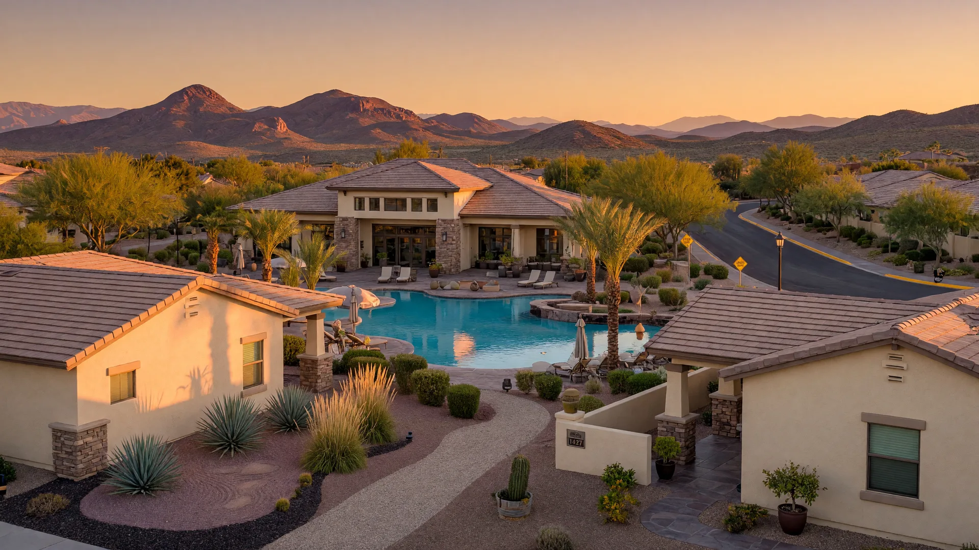 Sunny single-story homes and landscaped common space in a Henderson active-adult 55+ community