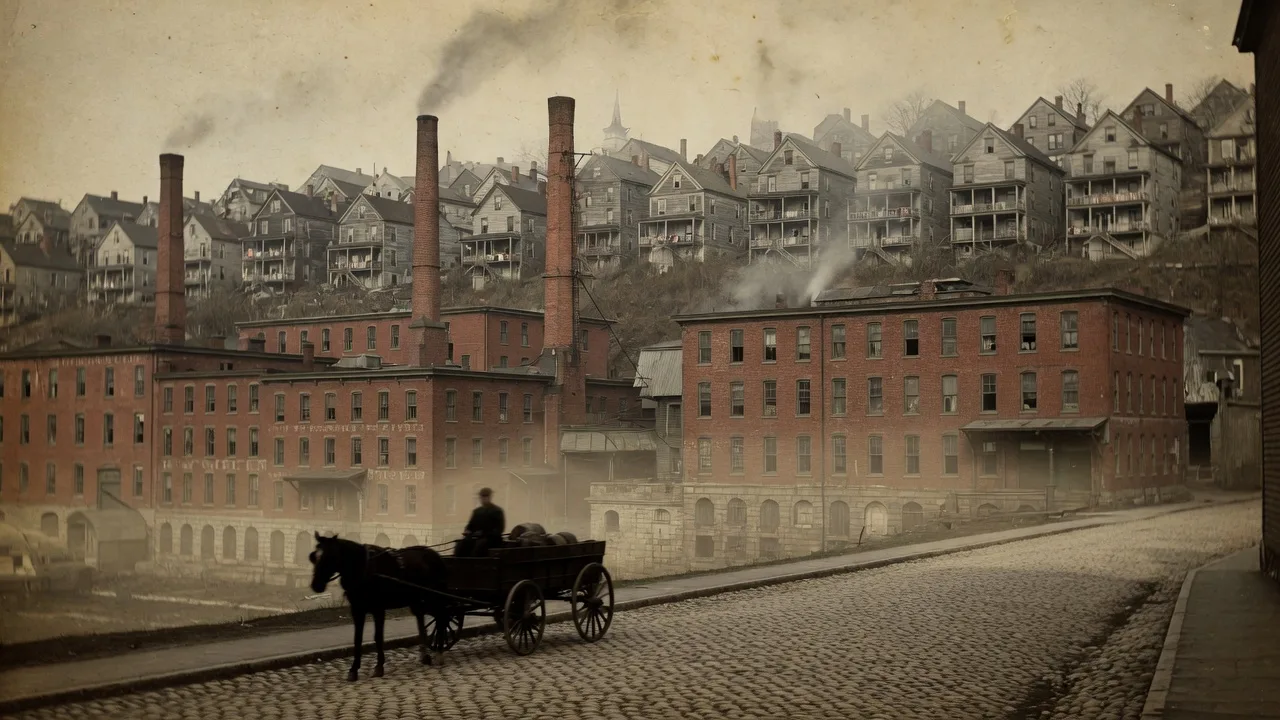 Sepia archival view of an early 20th century brick mill district with hillside houses and a cobblestone street