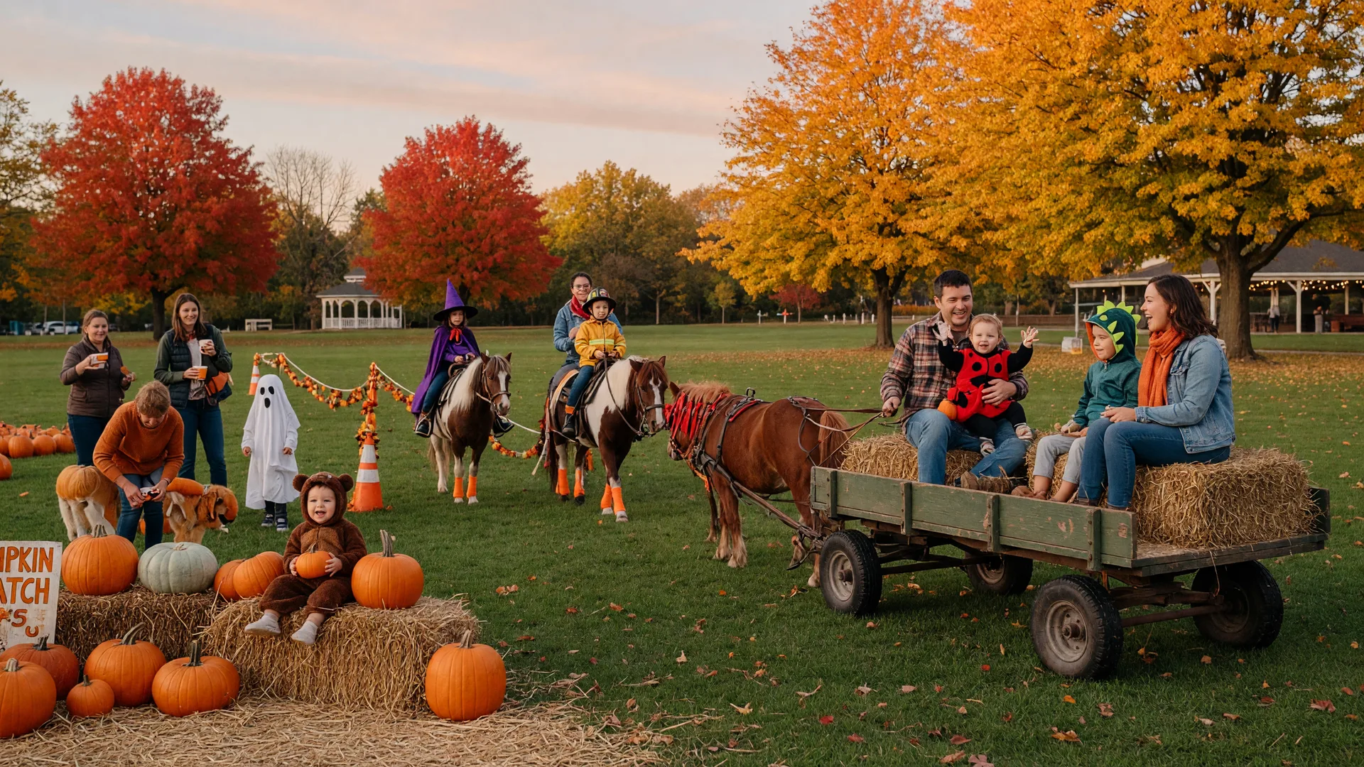 A pumpkin patch with hay bales, children on pony rides, and a hayride wagon on a green park lawn in autumn