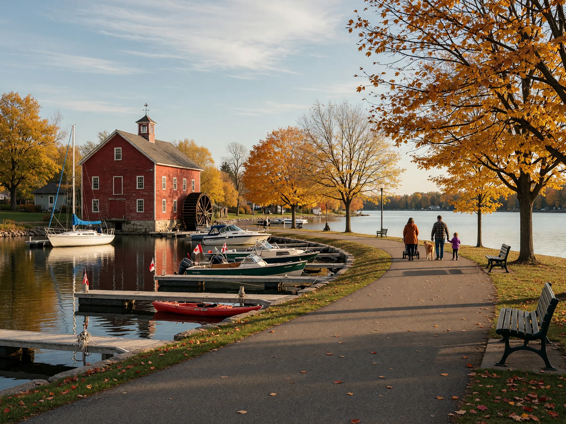 The paved Lake Scugog waterfront promenade in Port Perry on a bright late October afternoon with golden maples, the marina and the historic mill