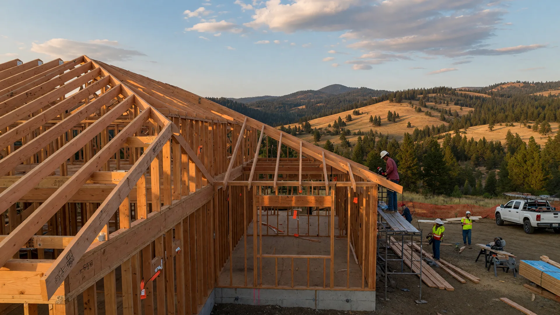 New construction home being framed in Southern Oregon with Rogue Valley hills in the background on a clear summer afternoon