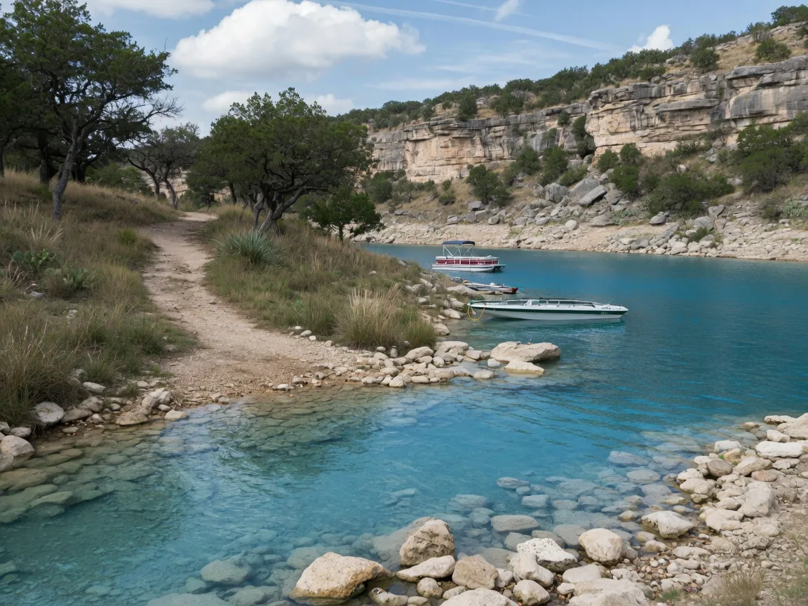 Crystal-clear Canyon Lake waterfront with limestone bluffs, blue water, and moored boats