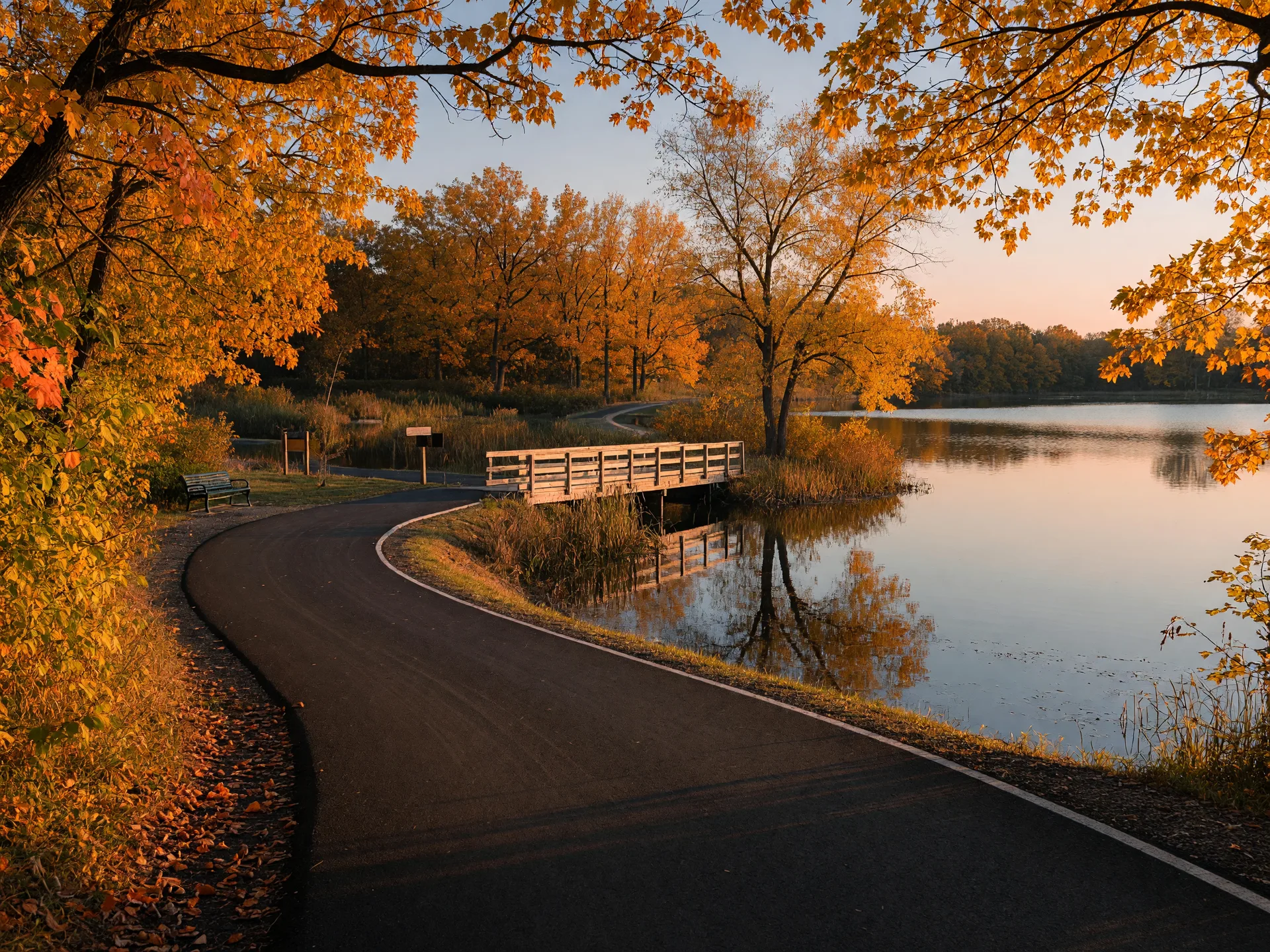 A freshly paved lakeside trail winding through fall foliage, the kind of shared-use path the new ChoiceOne Bank Trail brings to Fenton and Linden