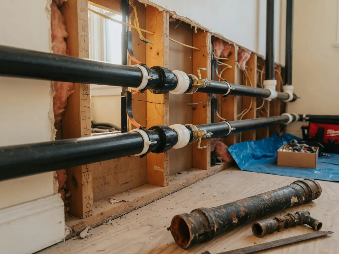 New black ABS plumbing pipes running cleanly through an open wall cavity in a home being repiped