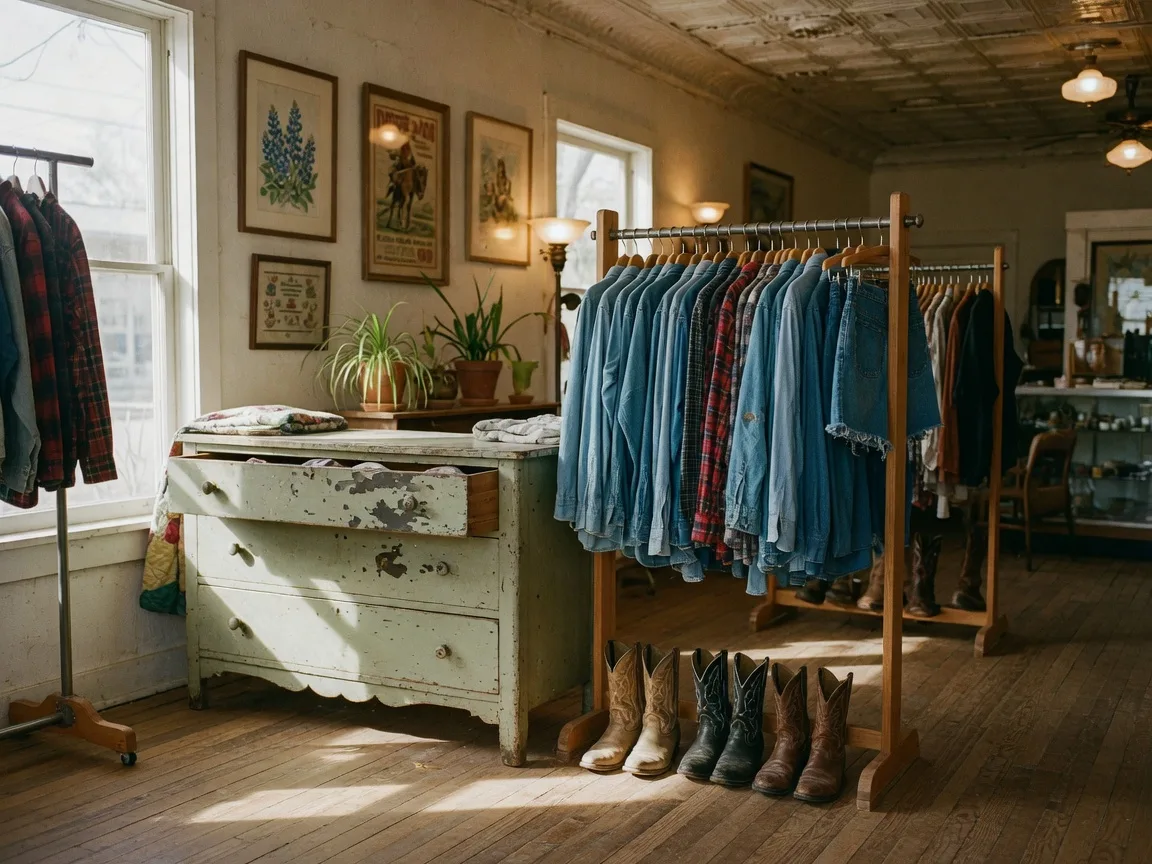 A warm, well-lit consignment shop in a Texas Hill Country town with a vintage dresser beside a rack of secondhand clothing.