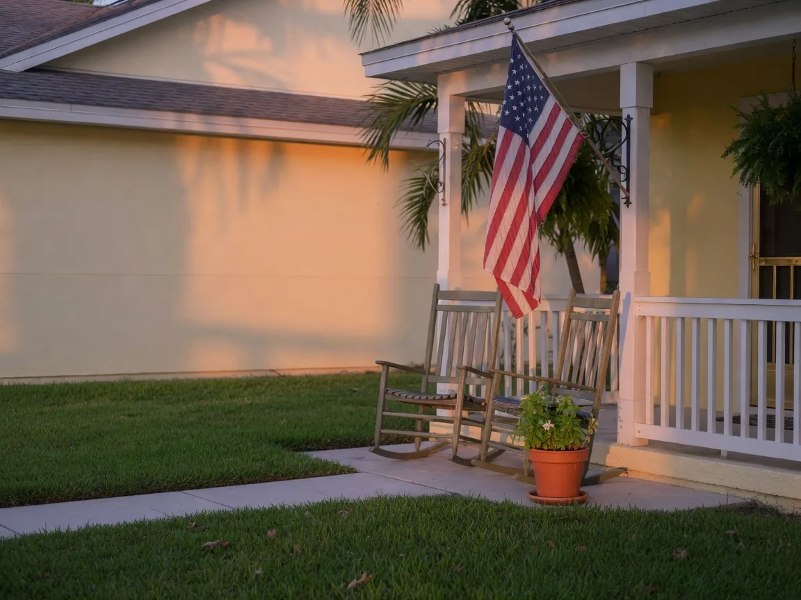 A suburban Florida front porch with an American flag hanging beside two rocking chairs at golden hour