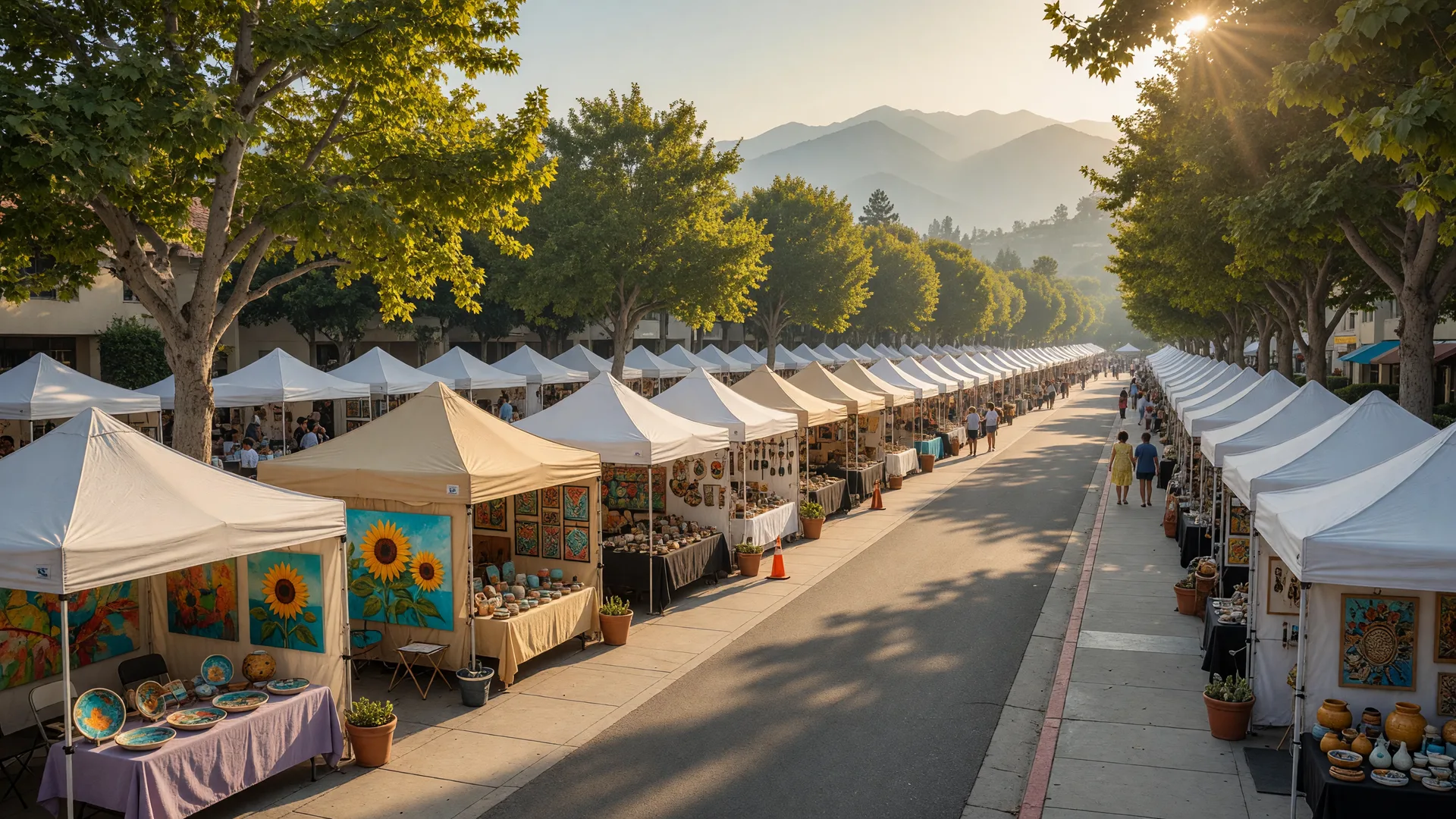 An open-air art festival on a sycamore-lined Pasadena street, with white tents of paintings and crafts in golden morning light