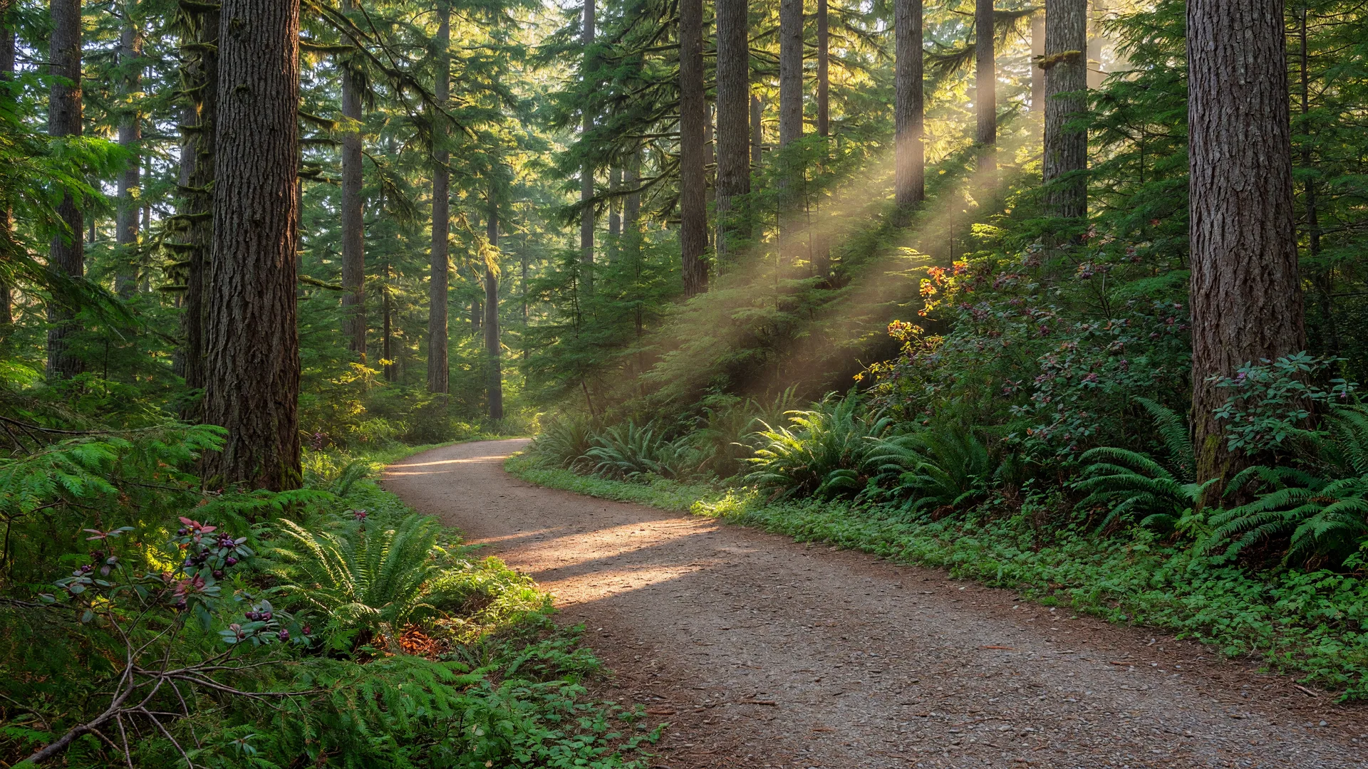 A forested walking trail curving through Douglas firs in dappled morning light