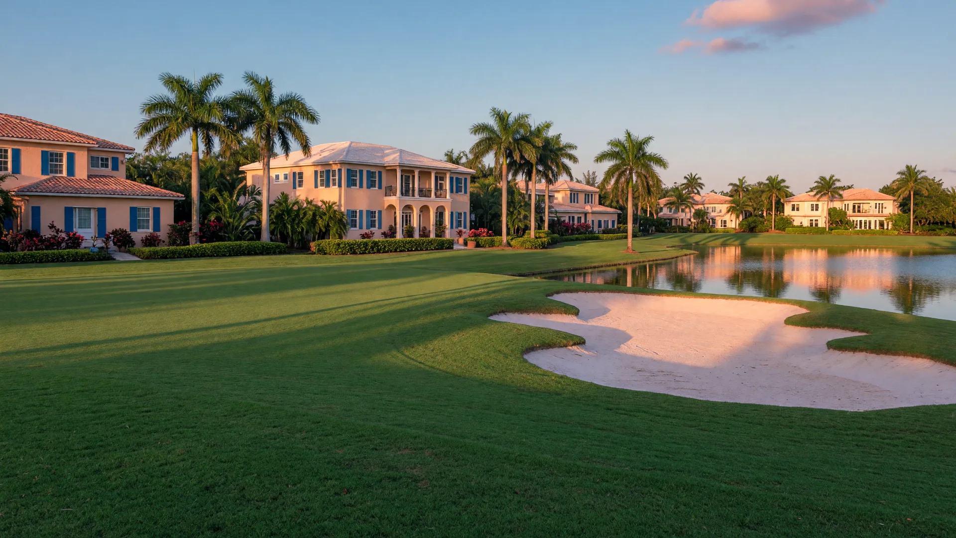 A private golf course community in Naples, Florida at golden hour with an emerald fairway, sand bunker, and water hazard framed by Mediterranean stucco homes with barrel-tile roofs and royal palms