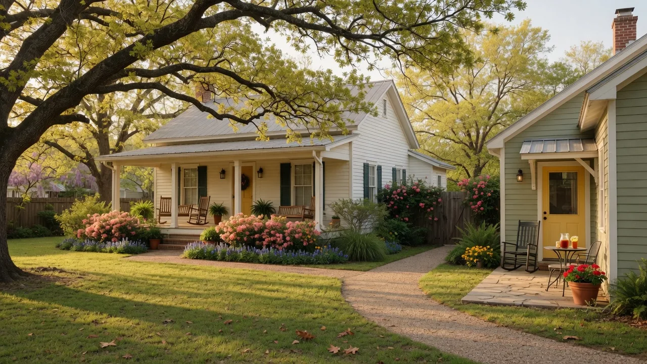 A traditional Northeast Texas home with a detached guest house in the backyard, featuring mature oak trees and warm afternoon light