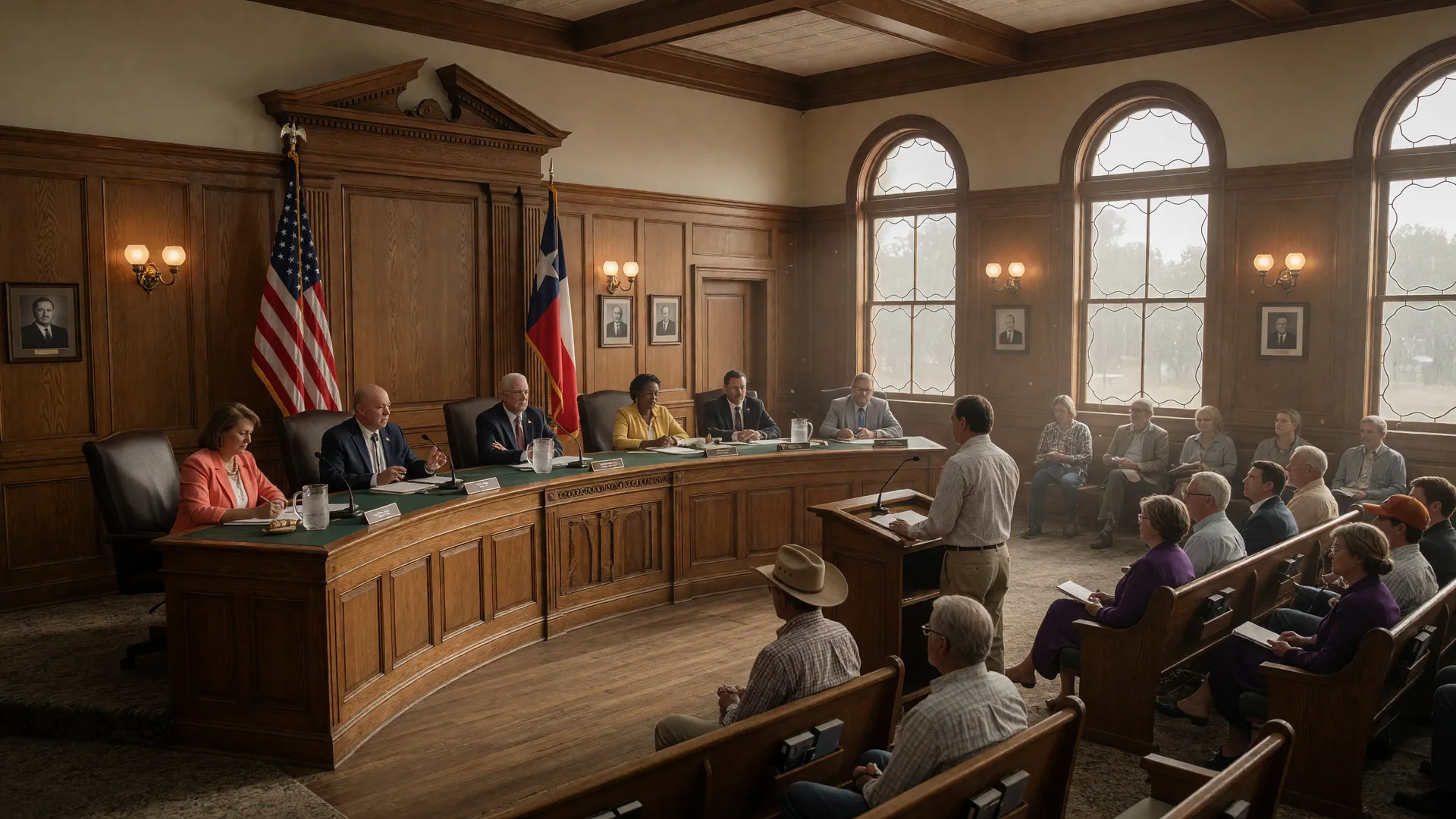 Texas city council meeting in a historic wood-paneled chamber with elected officials, American and Texas flags