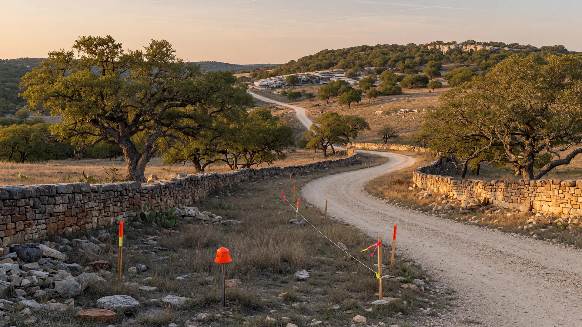 A Texas Hill Country landscape with a winding dirt road bordered by limestone fencing and live oak trees, with a surveyor marker and boundary line stakes in the foreground