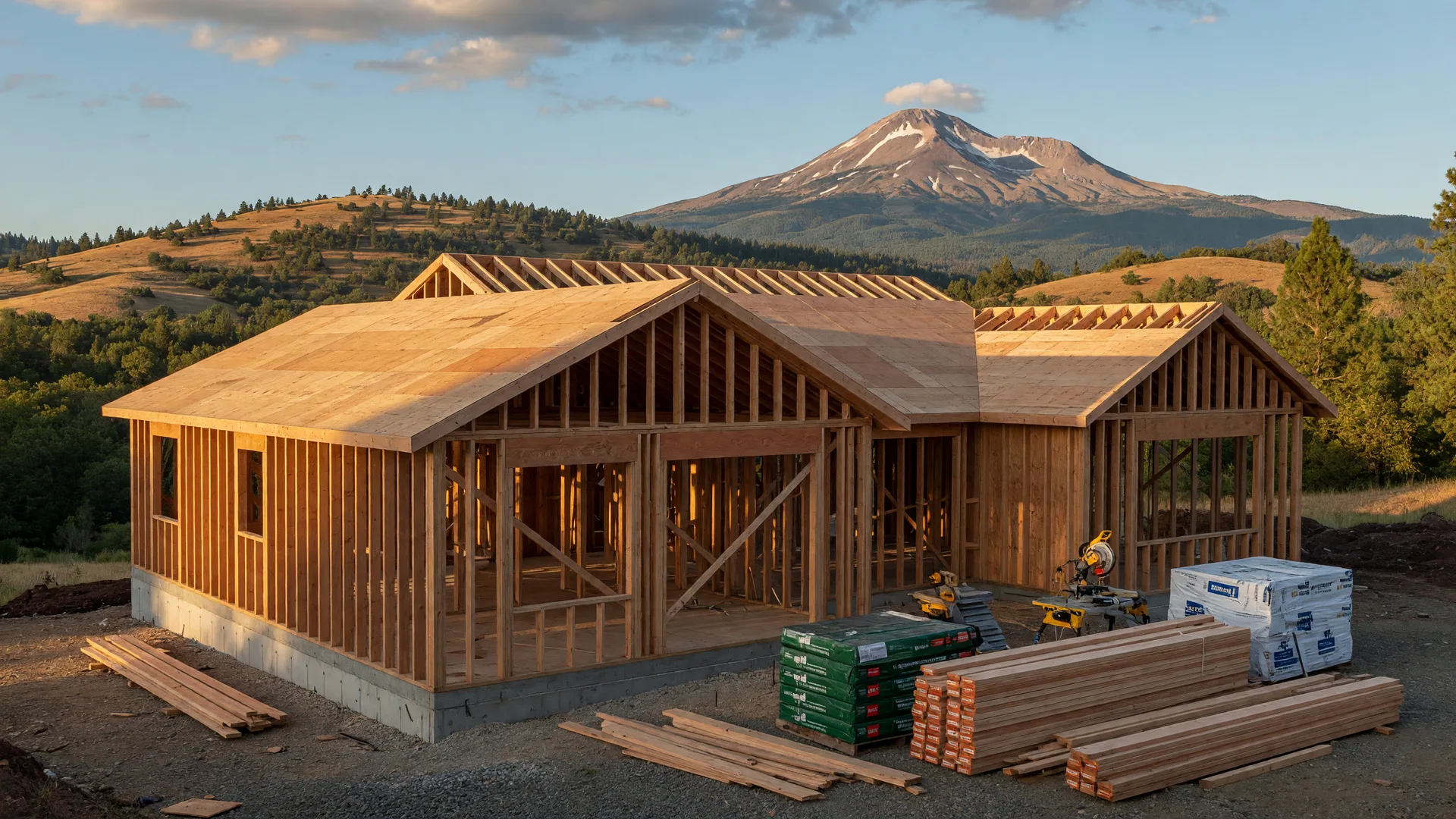 New craftsman-style home under construction in Southern Oregon with Mount McLoughlin in the distance on a sunny morning