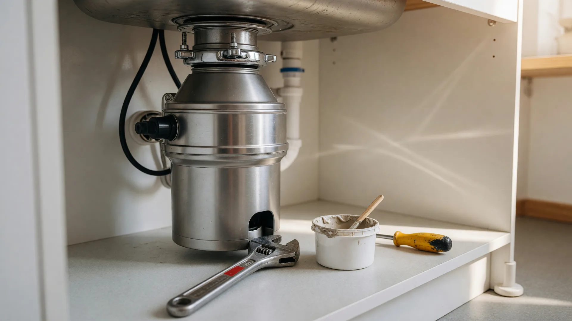 Garbage disposal repair in San Antonio: a stainless steel garbage disposal mounted under a kitchen sink with a wrench, screwdriver, and plumber's putty nearby, ready for a jam, leak, or new installation
