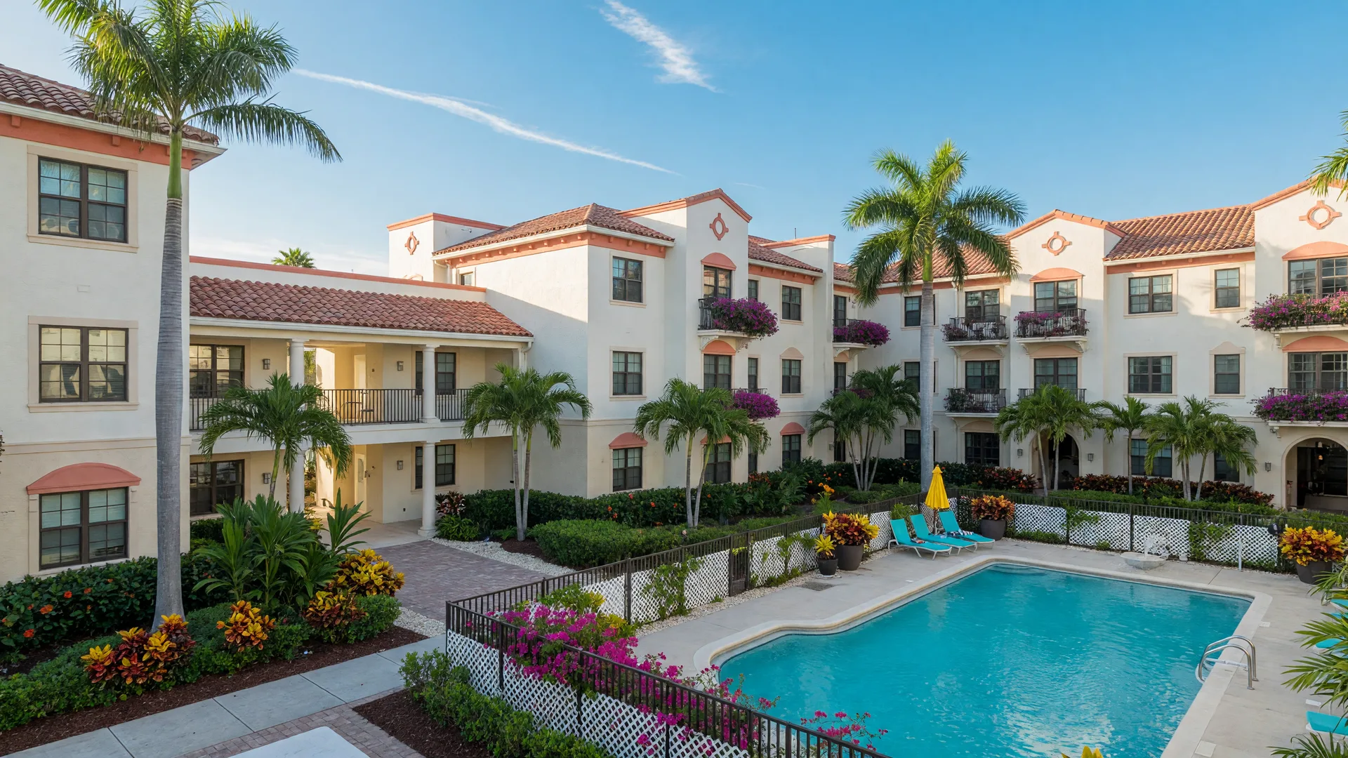 Mediterranean-style condo complex in East Delray Beach with terracotta roofs, palms, and community pool
