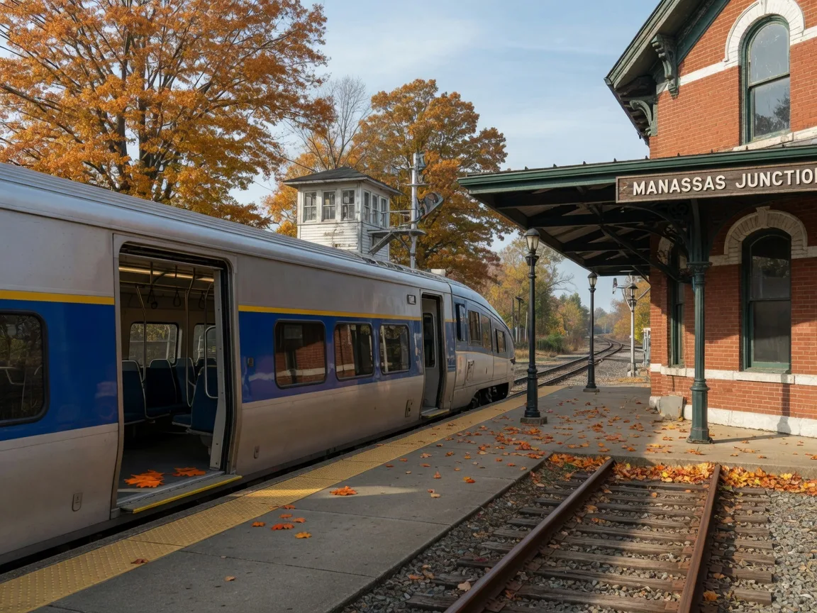 A commuter rail train arriving at the platform of the historic Manassas depot on a crisp autumn morning