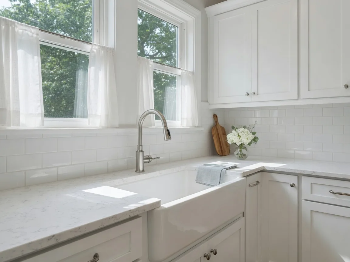 Bright kitchen renovation with white cabinets and quartz countertops showing the best home improvements before selling