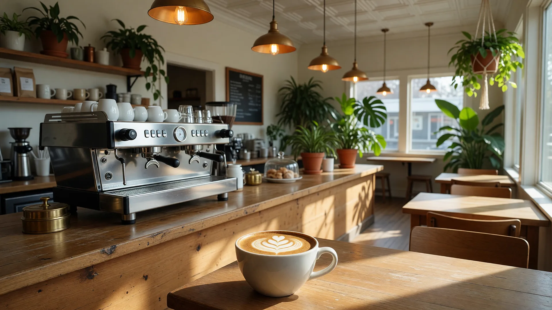 A warm, inviting Carson City coffee shop in the morning with a wooden counter, espresso machine, plants, and a ceramic cup in soft window light.