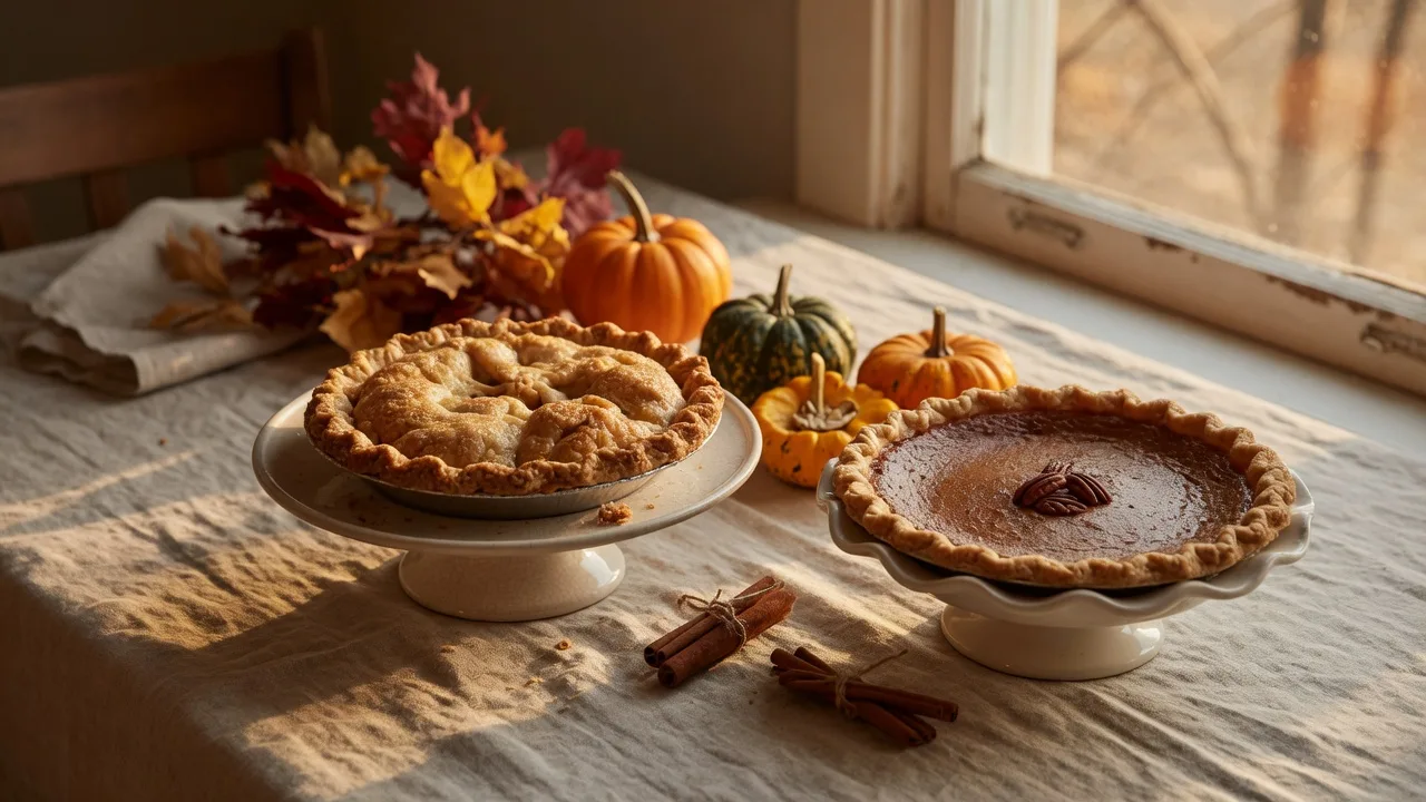 A golden-brown apple pie and a pumpkin pie on ceramic stands on a rustic Thanksgiving table with cinnamon sticks, gourds, and a linen tablecloth in warm afternoon light