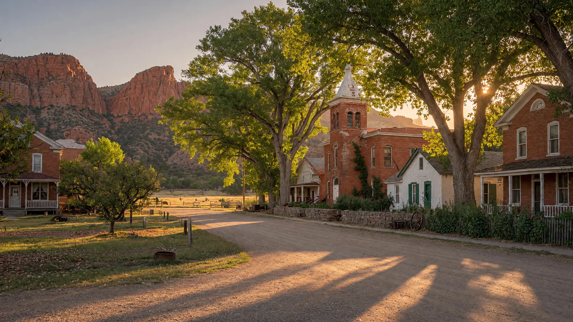 AI-rendered concept image of Toquerville's pioneer-era tree-lined street with the red brick meetinghouse