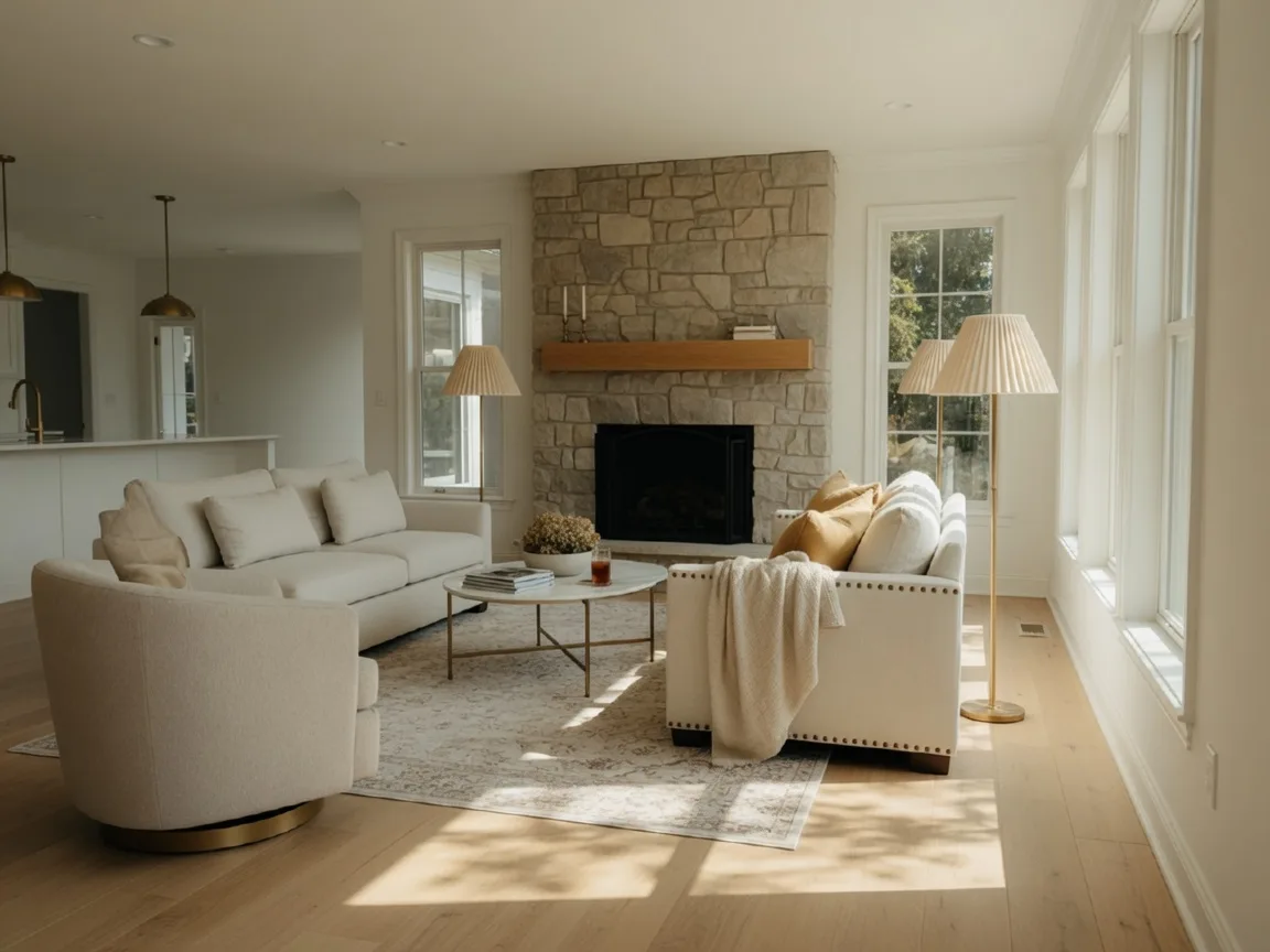 A bright, modern open-concept living room in a new suburban Pennsylvania home