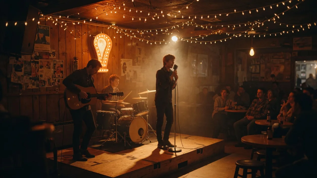 A small acoustic band on a cozy pub stage under warm string lights, wood-paneled walls, a handful of patrons