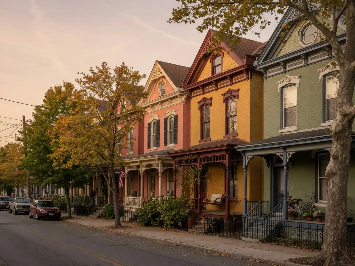 Historic brick rowhomes on a tree-lined street in Phoenixville's downtown
