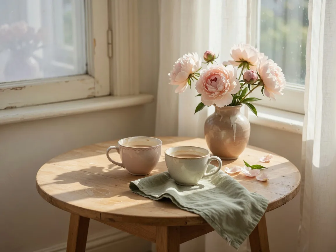 Small round table by a bright window with two ceramic cups, blush peonies, and a folded sage napkin