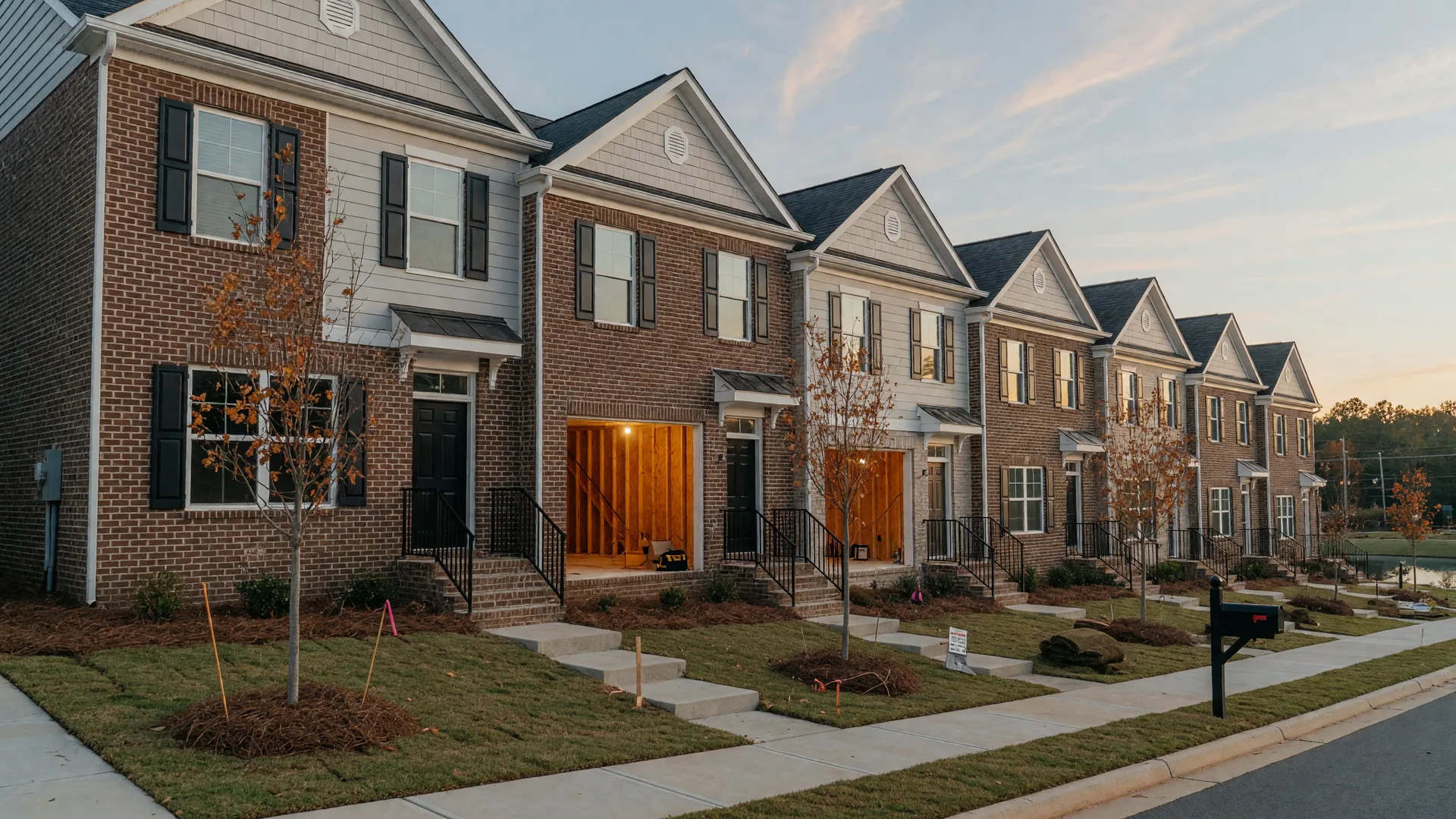 New two-story brick townhomes in a freshly built Metro Atlanta community in golden afternoon light