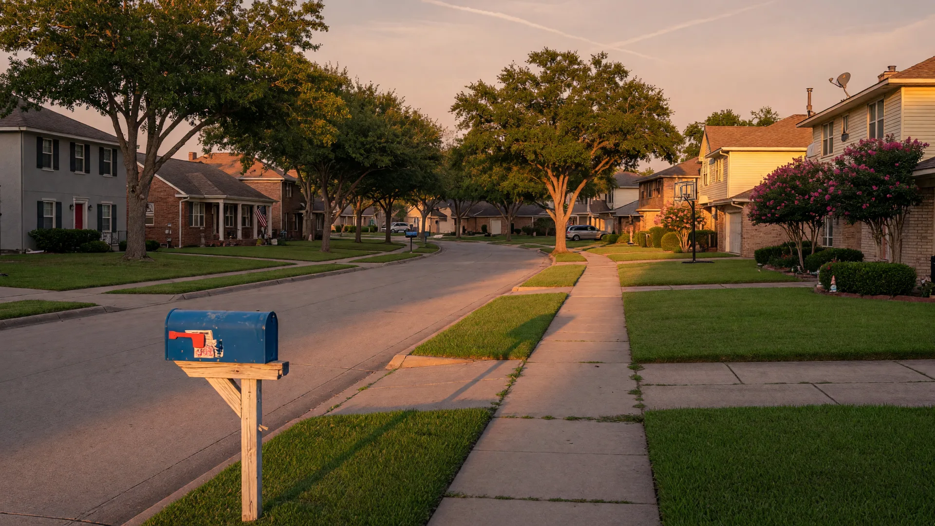 Suburban North Texas neighborhood street at golden hour
