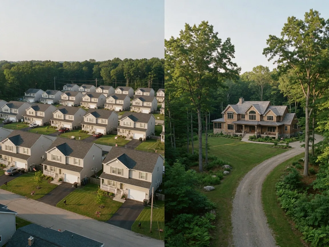 Side-by-side comparison of a production subdivision with identical homes on small lots and a custom luxury home on a spacious wooded acreage in Southeast Michigan