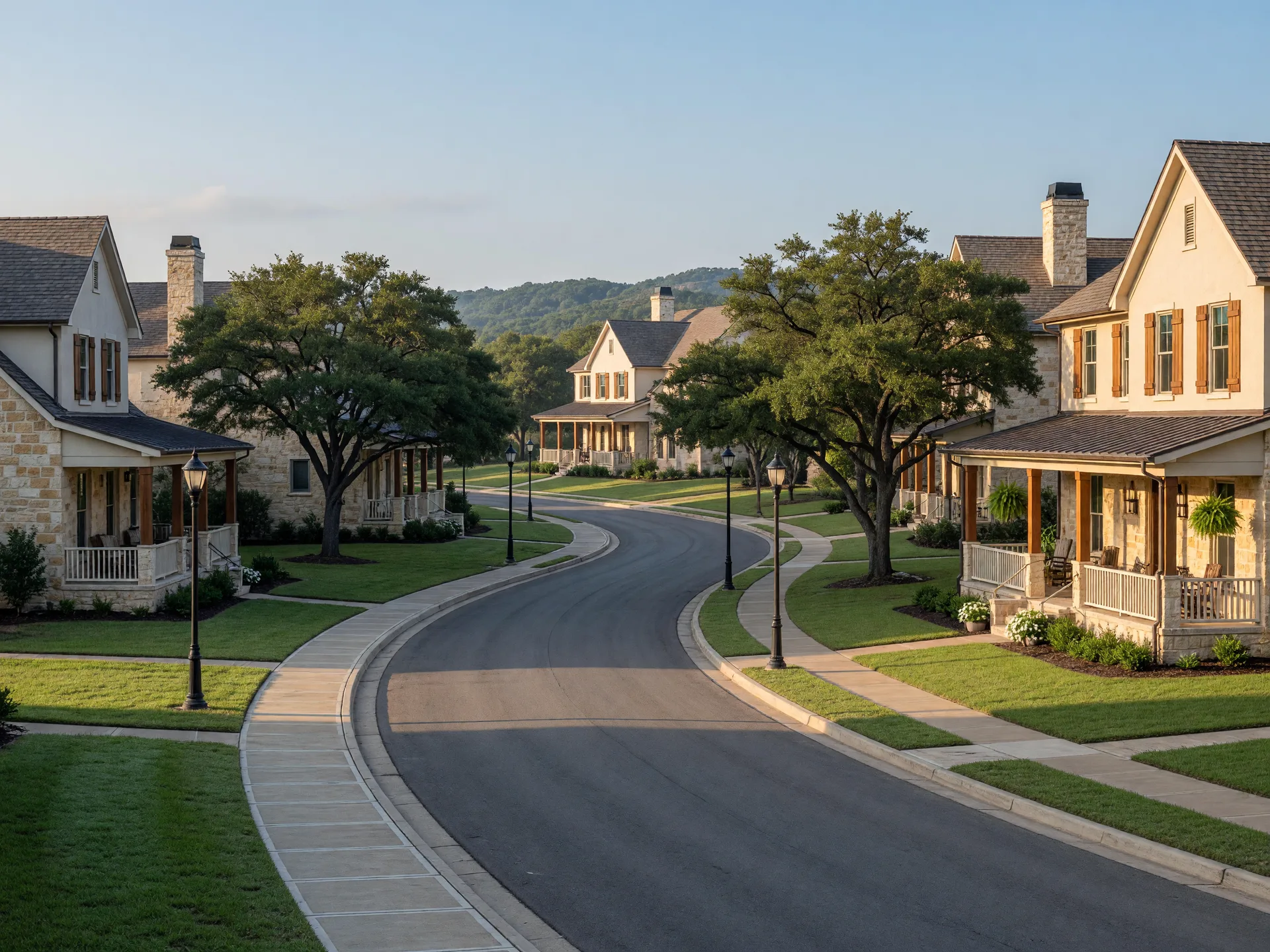 New stone and stucco homes along a tree-lined street in Stone Oak