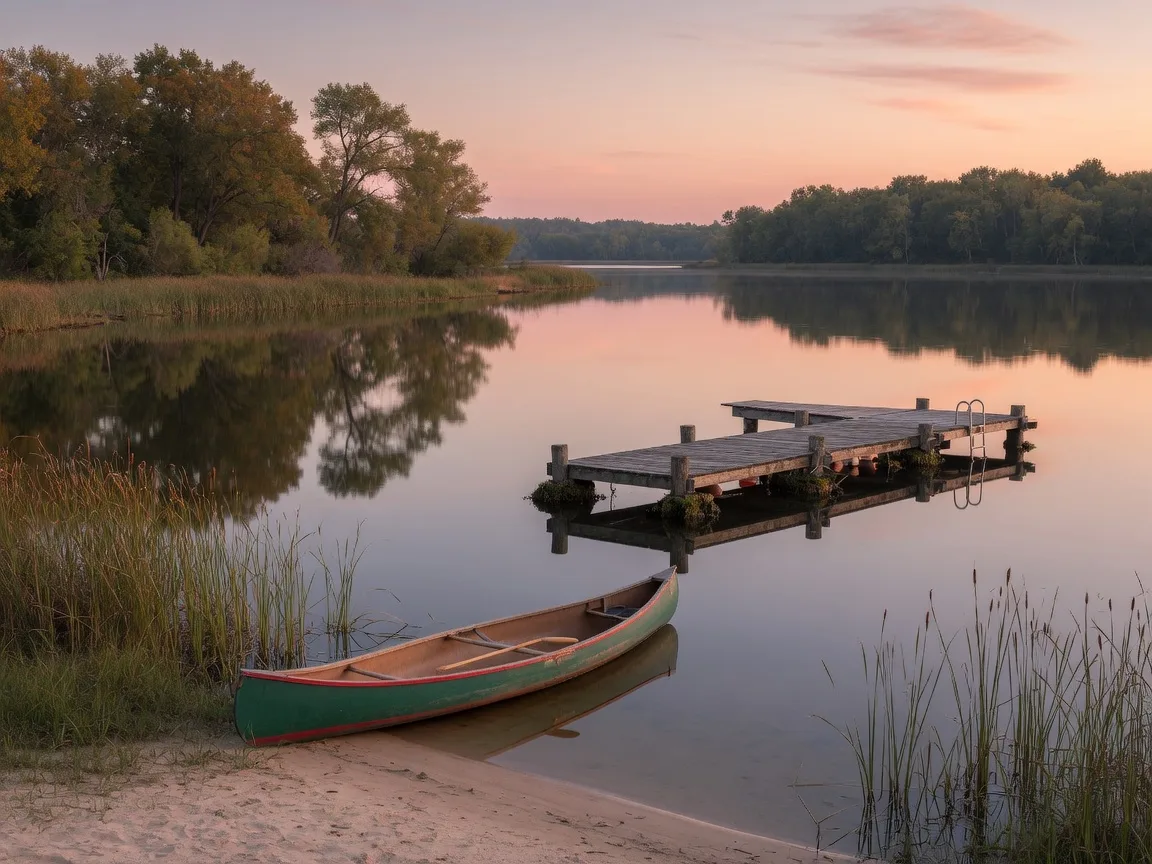 A canoe on the shore of a calm lake at sunset with reeds and a fishing pier
