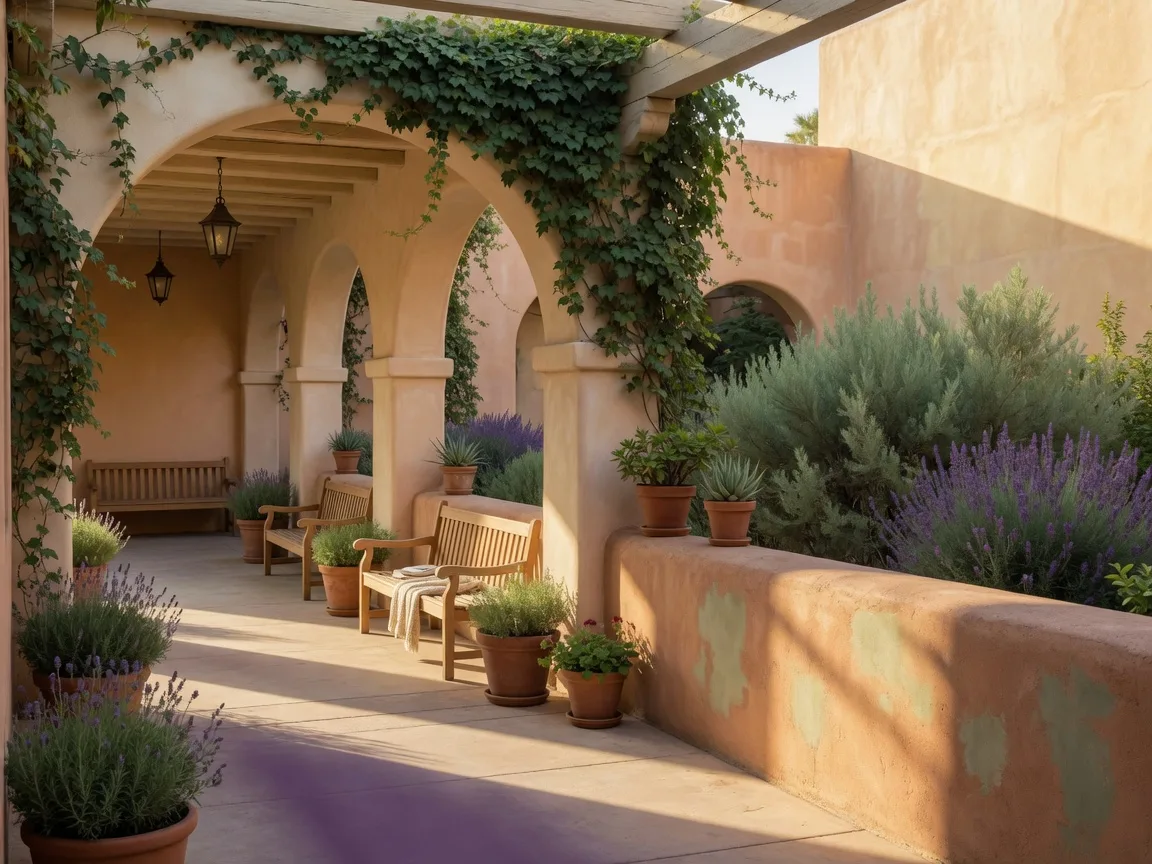 A serene senior living courtyard with arched walkways and gardens in warm morning light
