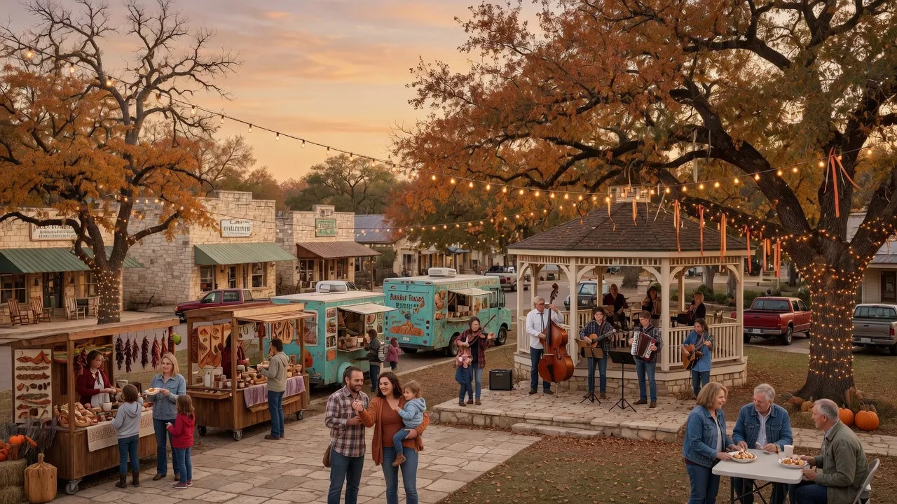 A warm autumn festival in a Texas Hill Country town square with string lights, families browsing artisan booths, and a community band playing under golden late-afternoon light