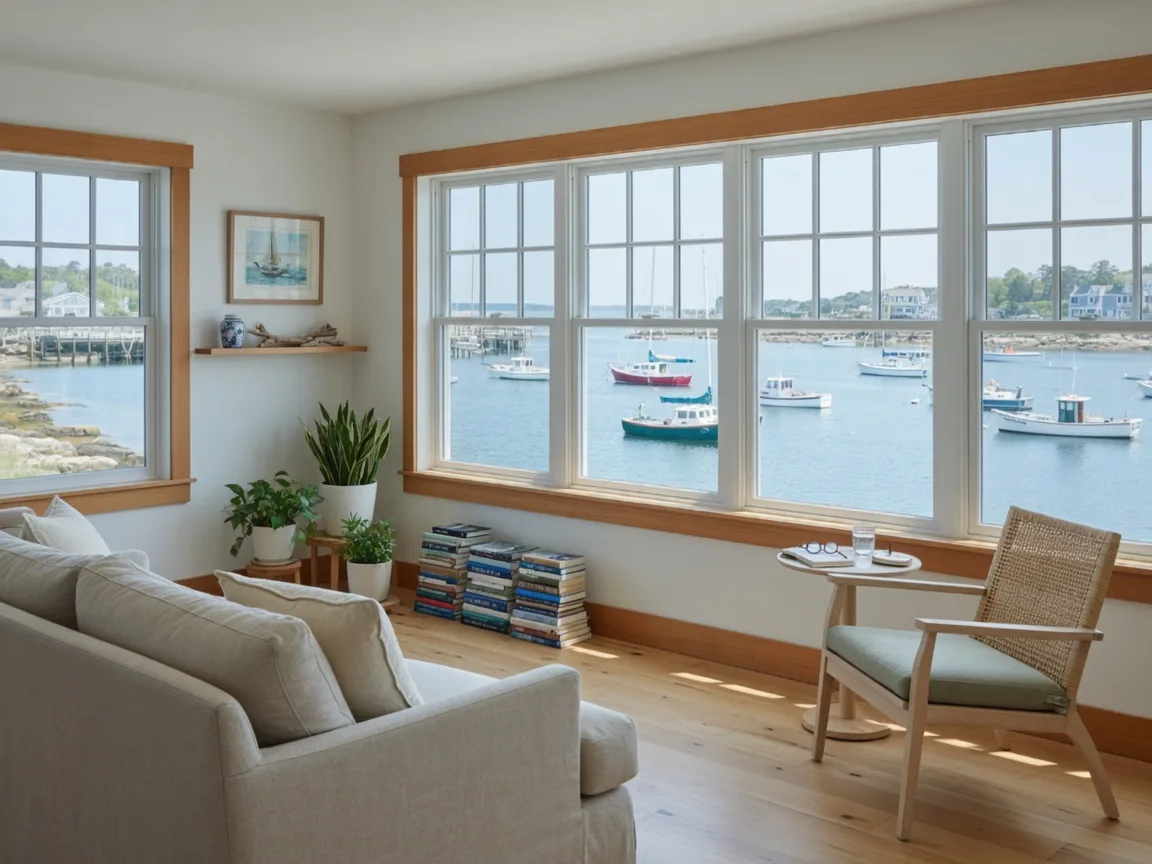 Bright, airy New England coastal living room with wide windows over a harbor and soft natural light