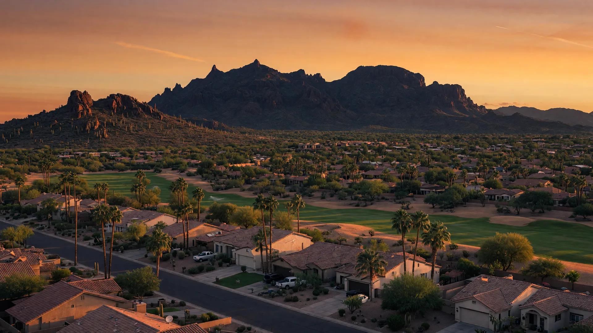 Golden hour view of Mesa, Arizona, with the Superstition Mountains on the horizon above golf and desert neighborhoods